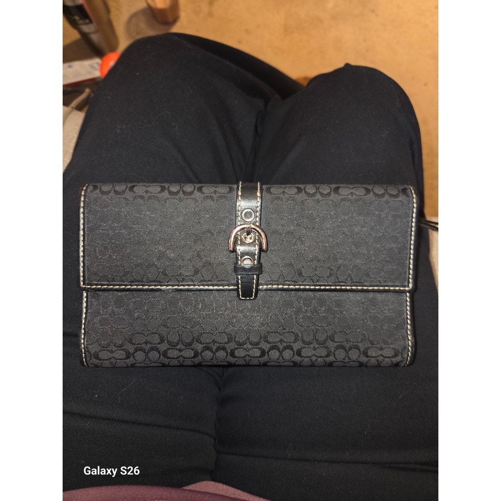 W15. Coach Signature Jacquard Trifold Wallet Black Canvas Leather Buckle Accent